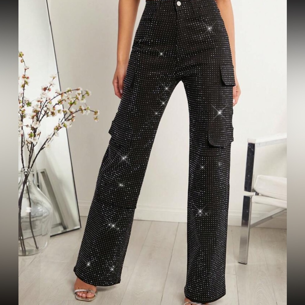 SHEIN Mid Waist Black Rhinestone Straight Leg Casual Cargo Jeans
